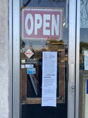 Open sign and proper disclaimer for customers