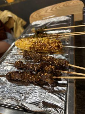 Beef Skewers, corn, and green beans