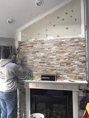 Removed mirror & added dry stack stone