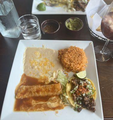 2 Item Combo - Cheese Enchilada, Carne Asada Taco, rice and Peruvian beans. Delicious! Red wine Sangria was also amazing!!