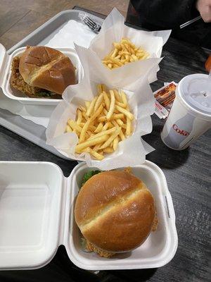 This here is 2 #6 meals , Spicy Chicken Sandwich Combo with them fries