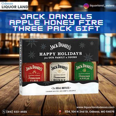 The Jack Daniel's Apple Honey Fire Three-Pack Gift is now available at Valero Odessa Liquor and Food Mart in Odessa, MO.