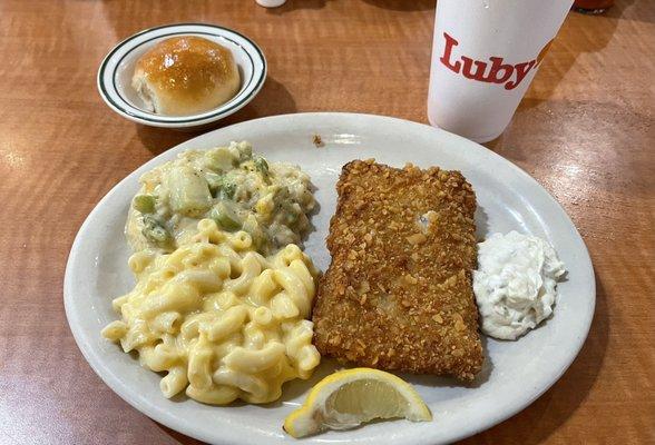 Fried Fish, broccoli & cheese casserole, mac & cheese, white roll