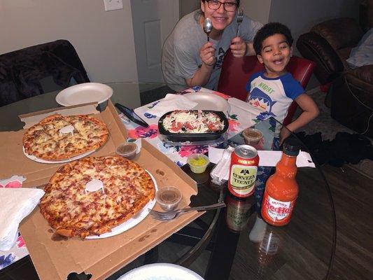 Barbecue chicken pizza and sausage pizza