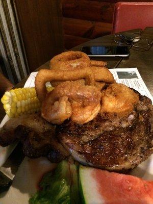 Prime rib with beer battered shrimp and onion rings