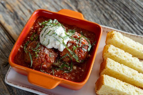 Mama's Meat-za Balls appetizer
served with house-made GF focaccia toast