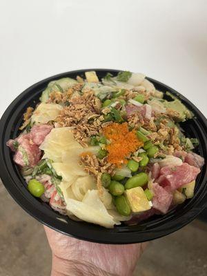 Poke bowl... with fresh toppings.  Tuna ..