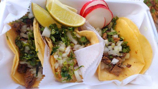 The trifecta (left to right): Carne Asada, Carnitas, and Lengua (Beef Tongue)