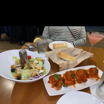 Meatball crostini, house salad and bread