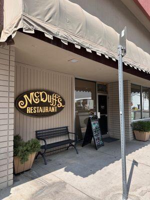 The front of McDuffs, great location, downtown Redlands.  Parking on street.