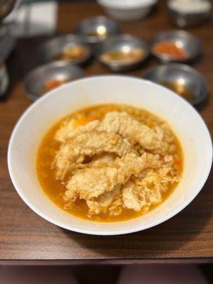 Spicy Ramen with Shrimp Tempura and two eggs added