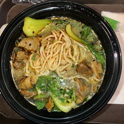 Beef Brisket Noodle Soup with white noodles and bok choy