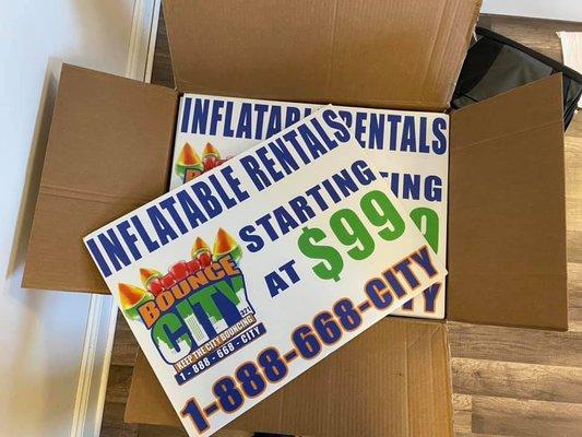 Yard signs are a great way to advertise your business, product or event to on going traffic. We design, print and ship.