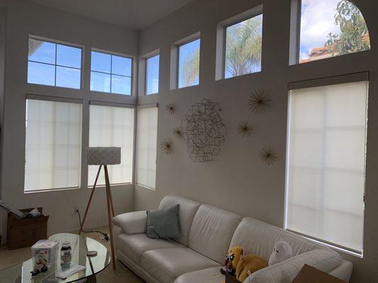 Living room with roller shades