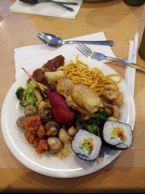 My typical plate here for the lunch buffet, the potatoes and chicken on a stick are actually really good