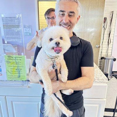 The grooming place owner with my dog Marcel