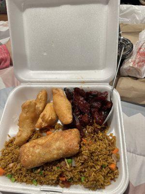 Pork Fried rice with chicken fingers and A1. Boneless Rib & Chicken Finger 1. Pork Egg Roll