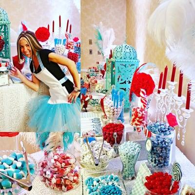 Bright and beautiful candy buffet in aqua, white and red !