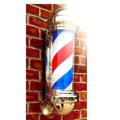 Traditional barberpole, if its spinning,  barbers are working.