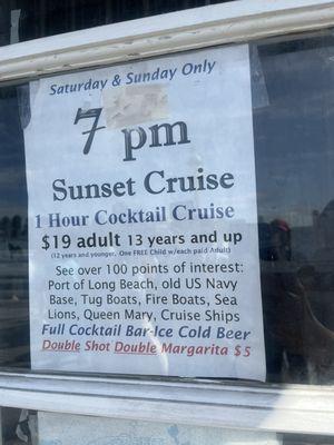 Information about the 7 PM sunset cruise