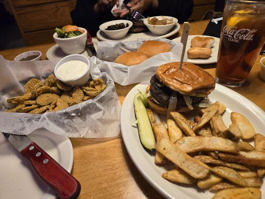 Cheeseburger, fries and fried pickles.