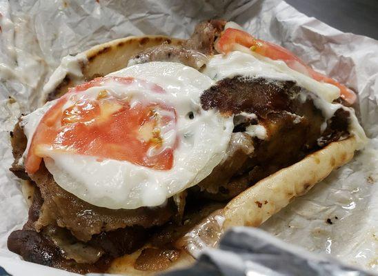 Gyros sandwich ($8): GREAT seasoned gyro meat, onions, tomato, tzatziki sauce. This was delicious!