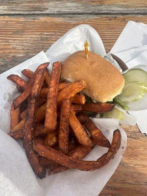 Funguy slider and sweet potato fries