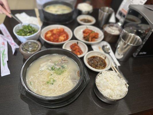 The spread of two orders of mixed seollengtang (you have a choice of clear or regular noodle: we went with regular noodle)