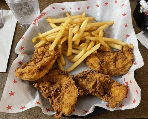 Chicken Tenders with Cream Gravy, French Fries, and Texas Toast