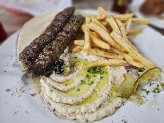 Kafta Kabob plate with babaganoush and fries 18.  Kafta Kabob Plate