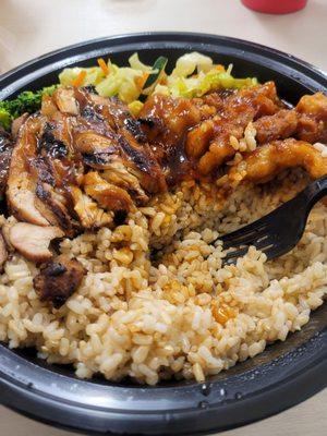 Chicken teriyaki, orange spicy chicken. Brown rice.