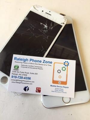 This iPhone 6 needed a new face ASAP!  Call us today 919-720-4356