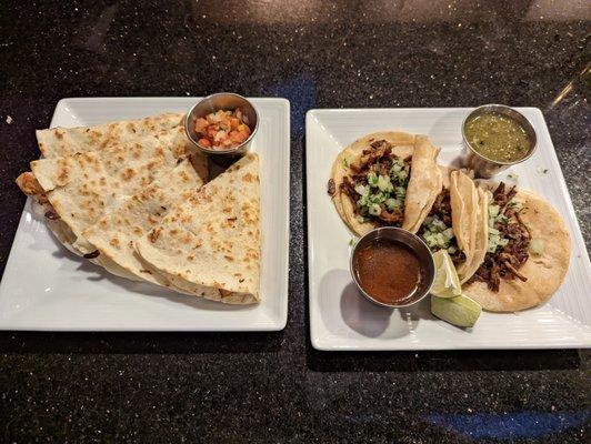 Chicken quesadilla and beef tacos (sans radish)