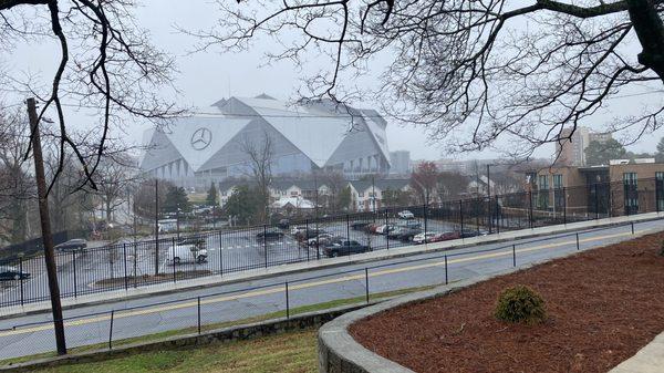 1.5 billion dollar Mercedes-Benz Stadium easily viewed from driveway