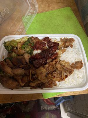 Vegetable Lo Mein , Beef Lo Mein , Chicken with Broccoli in one plate