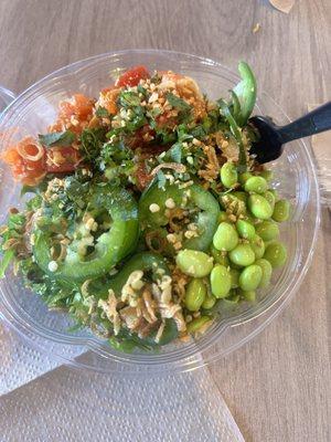 Salmon, tuna, jalapeños, edamame, cilantro, and more