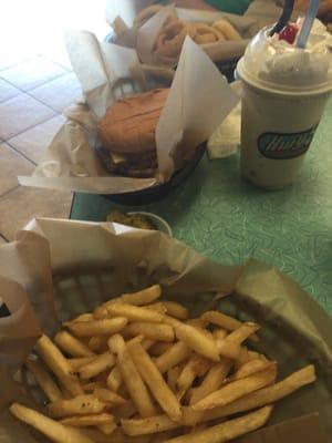 Andy size cheeseburger, fries, and a shake