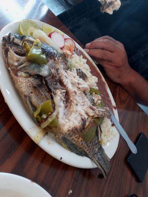 Whole fish with salad rice and beans