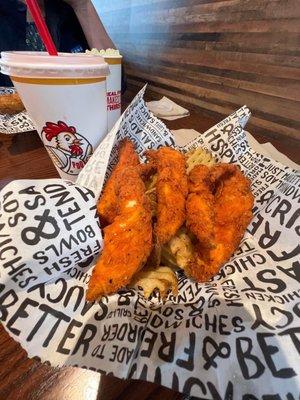 5 Piece Spicy Chicken Tenders, with waffle fries and a drink.