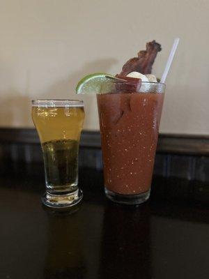 Bacon Bloody Mary with a Miller High Life chaser!  A fantastic spicy bloody Mary with a side of nostalgia.