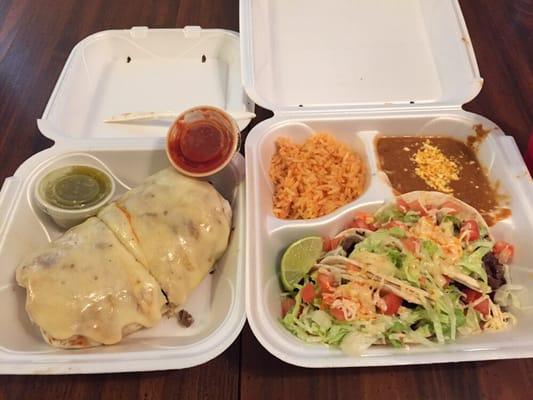 Burrito suizo and steak taco dinner