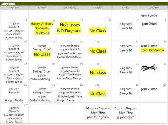 July Group Fitness Calendar