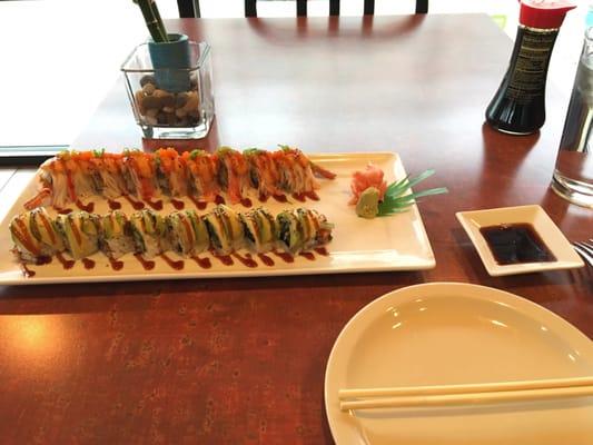 Caterpillar roll and golden dragon roll