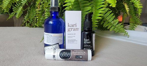 Ready for the sun? Kari Gran SPF 28 facial cream, All good SPF30 sunscreen stick and Spa Galena Apothecary After Sun Spray.