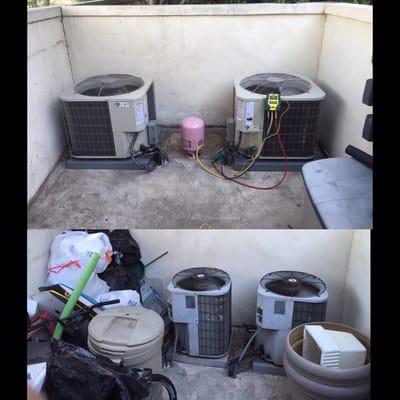 Before and after photo. 2 brand new Payne units installed. Air conditioner repair in Anaheim