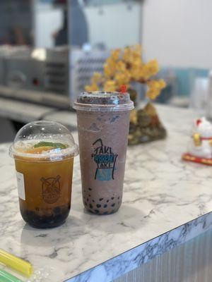 Peach citrine tea with mango bursting boba and regular boba. Oreo Cookie Ice Blended with brown sugar boba.