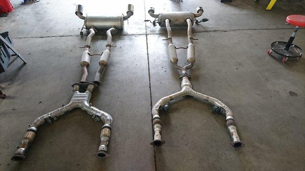 True dual exhaust left and original Y-pipe right