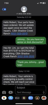 Text Confirmation of Cost of Repairs!