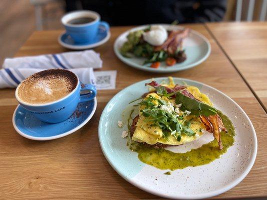 Aussie Style Brekkie~ Folded Chimichurri Eggs & Bacon Toast w Cappuccino& BL Big Brekkiew Long Black