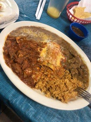 KHD special. 1 enchilada, asado,chile verde, rice and beans.